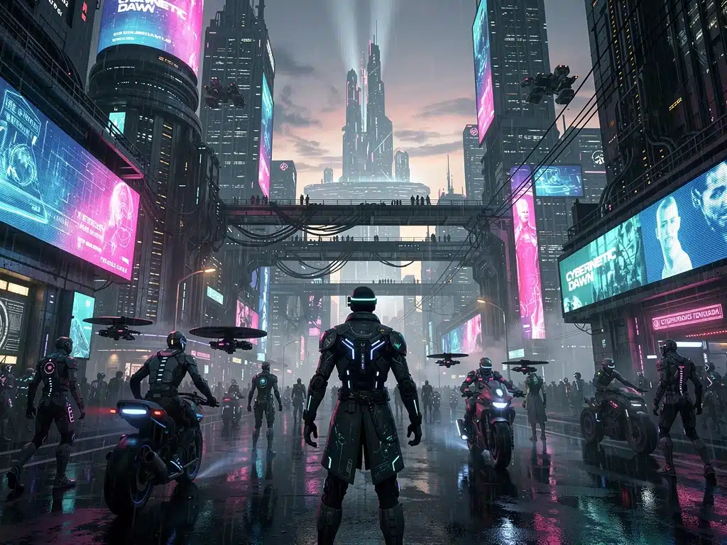 Immagine interna: Panoramica della città futuristica di Cybernetic Dawn.