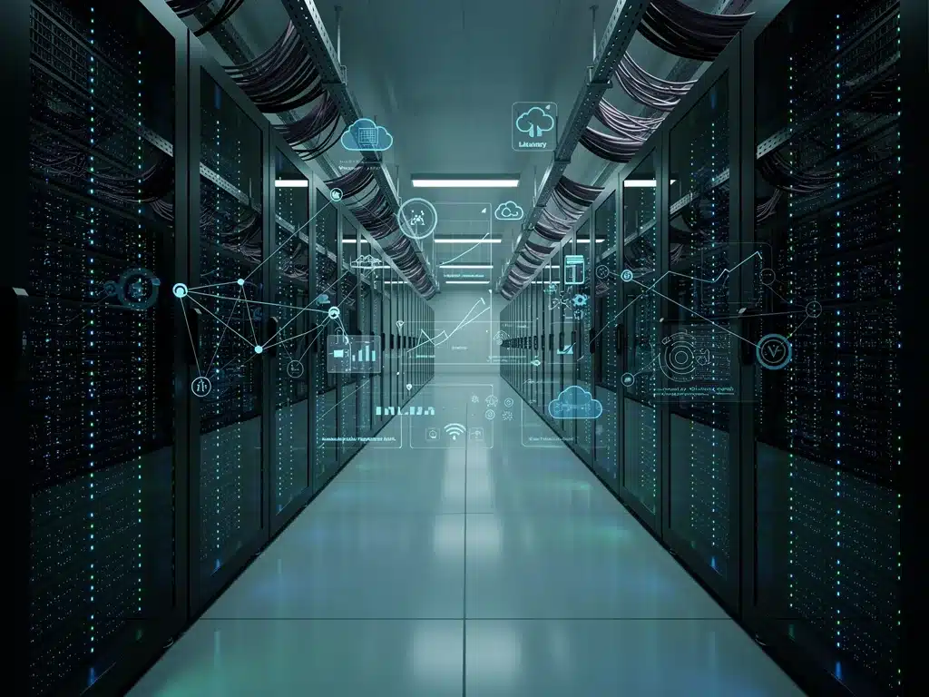 Data center con server illuminati, infrastruttura tecnologica per il cloud gaming.
