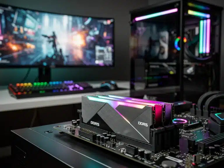 DDR5-6000MHz RAM module glowing on a gaming motherboard