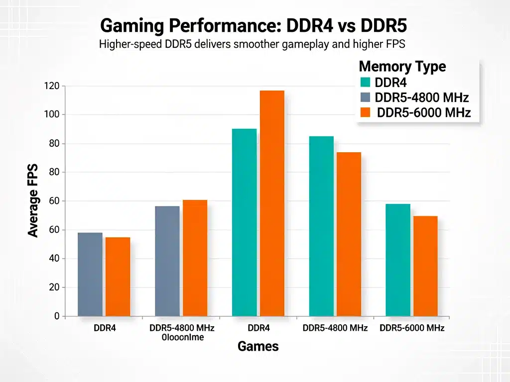 Gaming performance benchmark graph comparing DDR4 and DDR5 RAM speeds