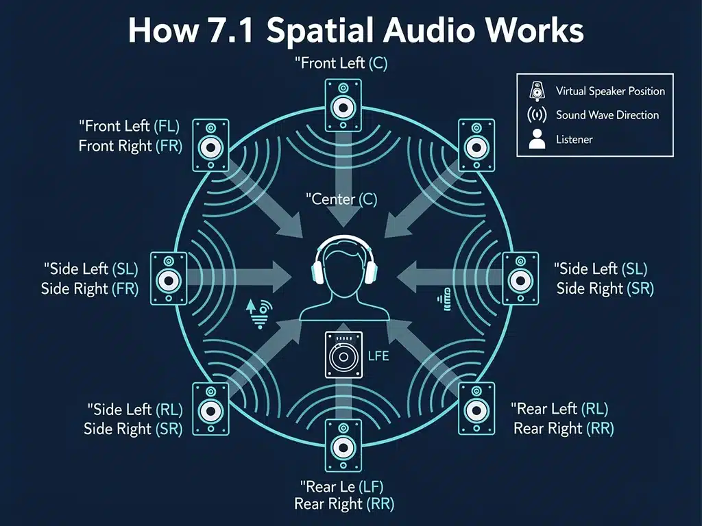 Diagramma tecnico che illustra il funzionamento dell'audio spaziale 7.1, mostrando la direzione delle fonti sonore virtuali.