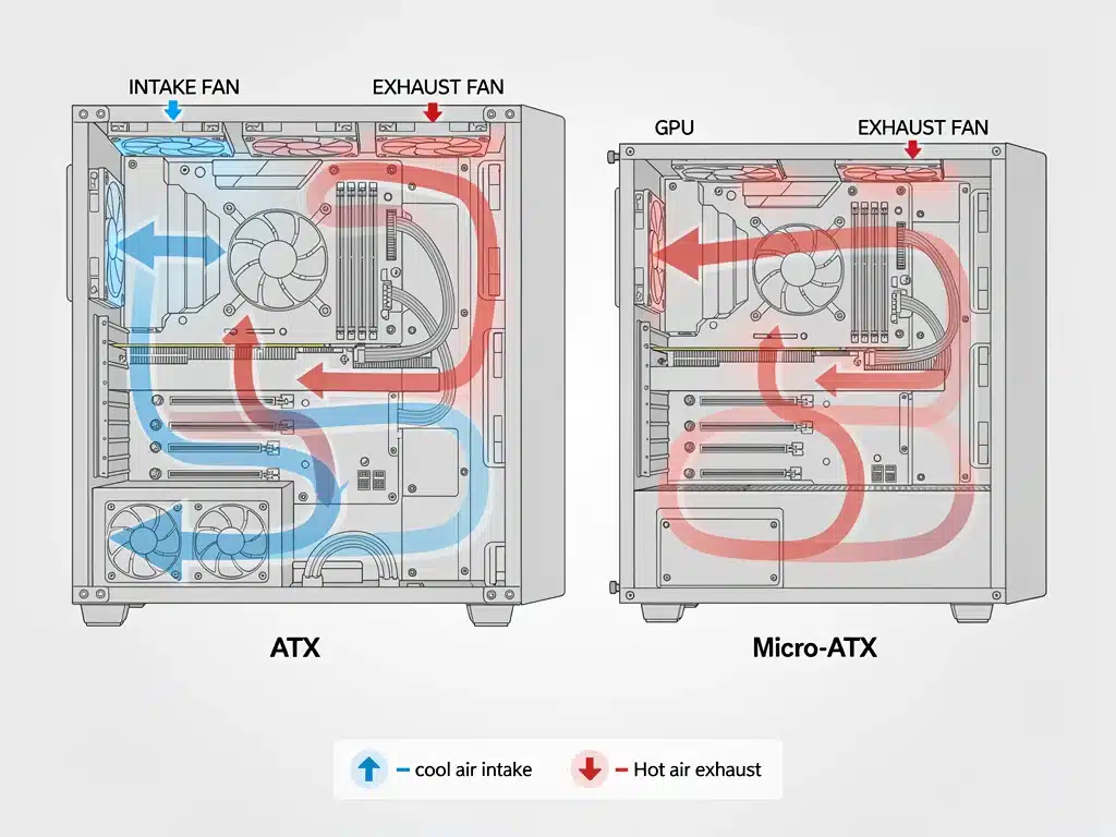 Diagramma del flusso d'aria ottimale all'interno di un case PC gaming, con indicazione delle ventole e del percorso dell'aria.
