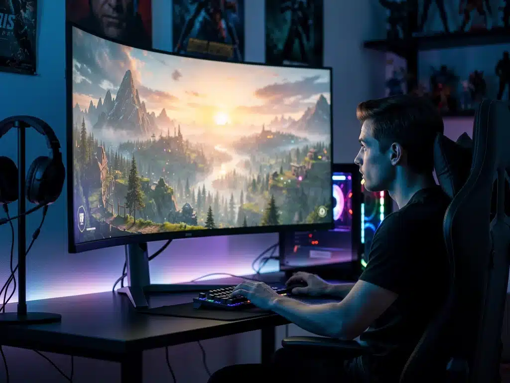 Giocatore immerso in un videogioco su monitor ultrawide curvo, rappresentante l'esperienza di gioco coinvolgente del PC Gaming Italia 2026.