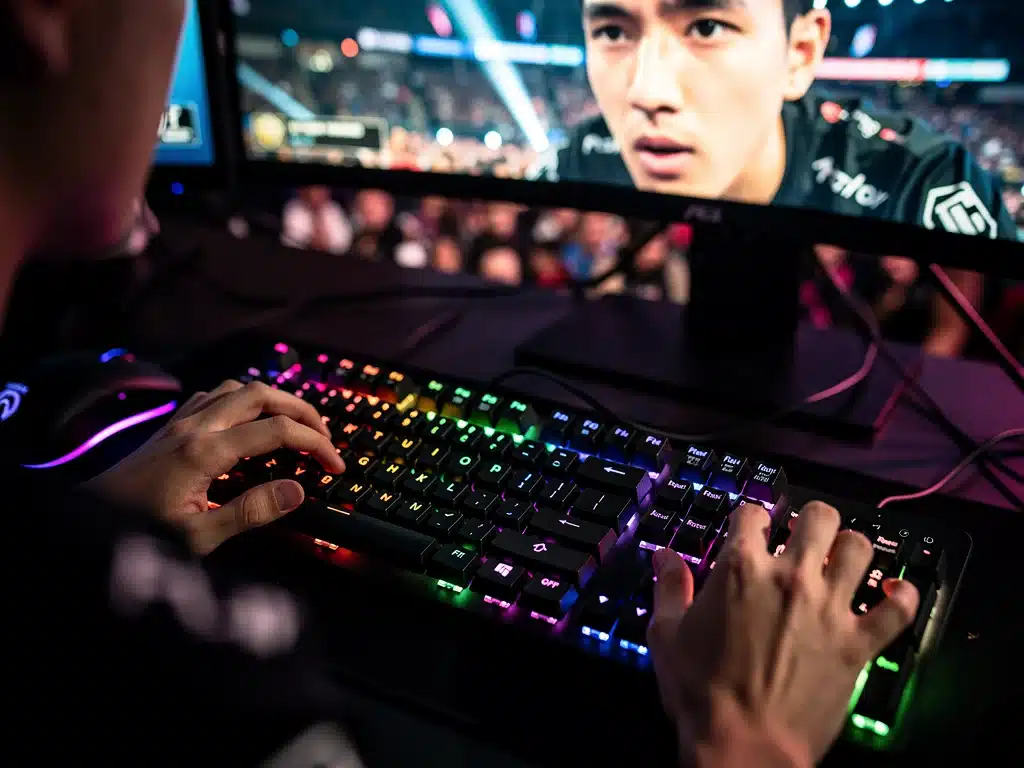 Giocatore professionista di esports che utilizza una tastiera meccanica avanzata in un torneo, evidenziando la necessità di reattività.