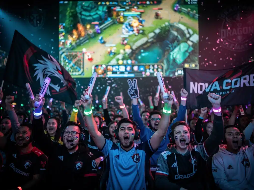 Fan eSports che tifano con entusiasmo durante un torneo dal vivo, con striscioni di squadra