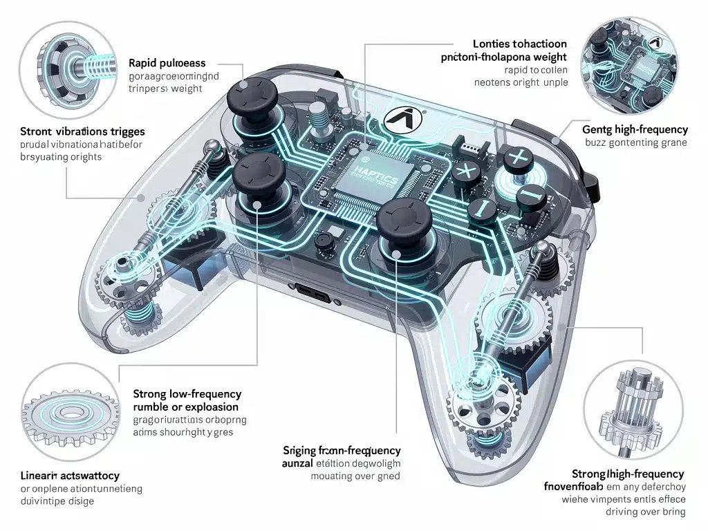 Diagramma che illustra il funzionamento interno del feedback aptico in un controller di gioco, con vibrazioni che simulano azioni di gioco.