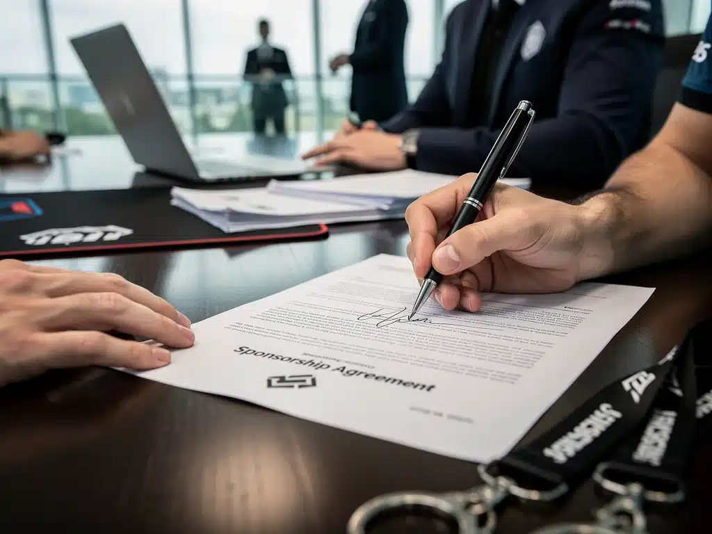 Dettaglio della firma di un contratto di sponsorizzazione tra un team esports e un'azienda, simbolo di nuovi investimenti.