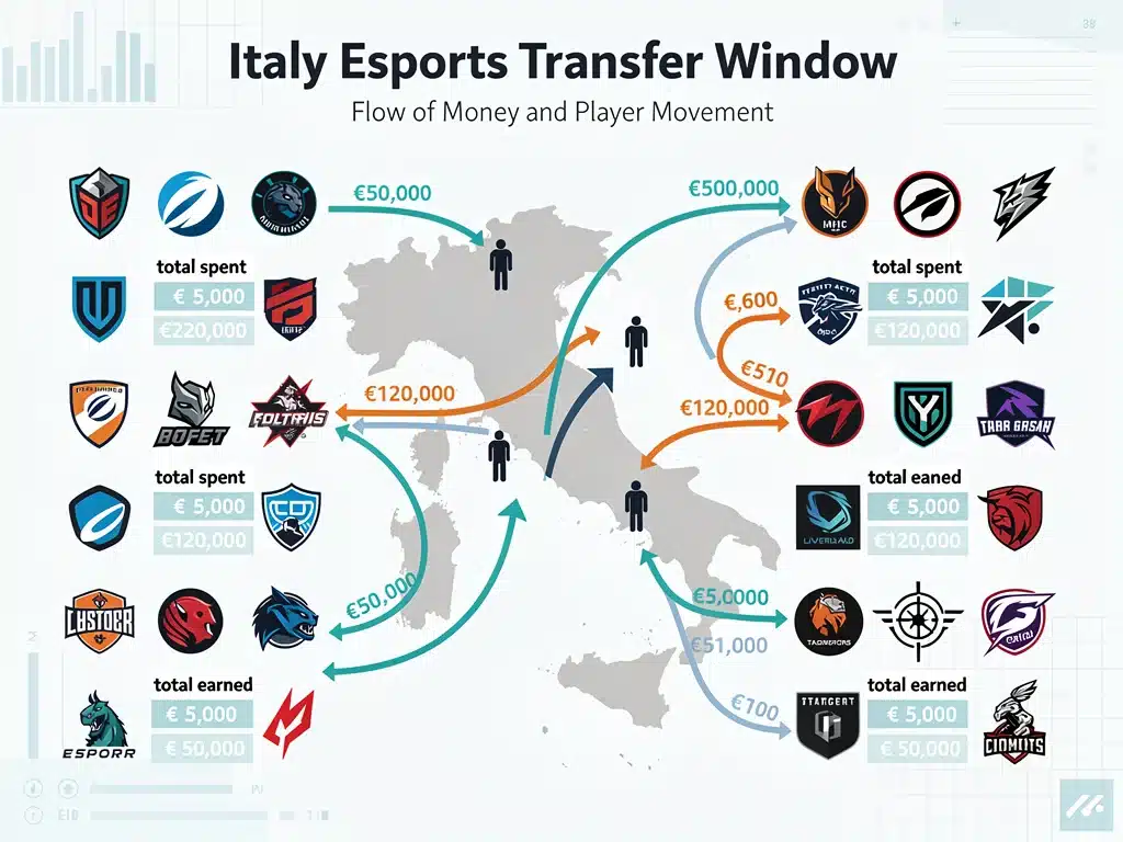 Grafico che mostra il flusso di denaro e i trasferimenti di giocatori tra organizzazioni eSports italiane, evidenziando l'impatto finanziario del mercato.