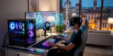 Giocatore con visore VR immerso in un ambiente di gioco futuristico in Italia, simboleggiando le tendenze di sviluppo dei giochi PC 2026.