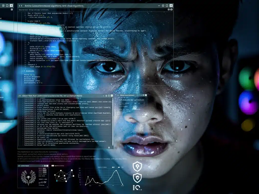 Gamer concentrato con codice anti-cheat sullo schermo, simbolo della lotta contro i cheater nei giochi online.
