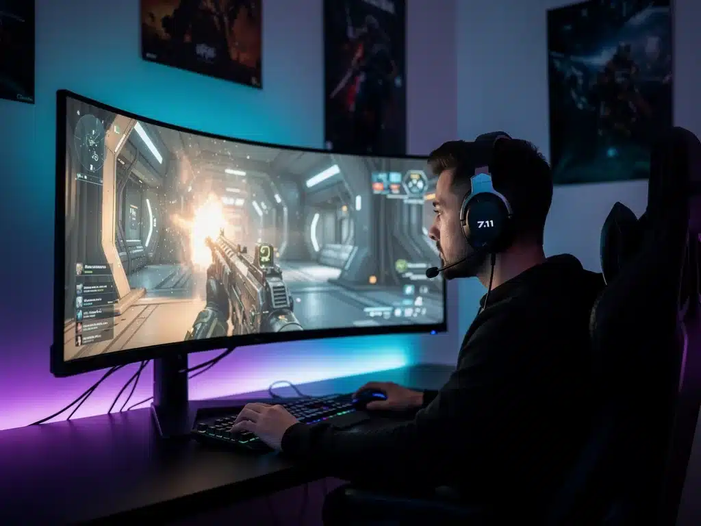 Gamer concentrato con cuffie 7.1, immerso in un'esperienza di gioco realistica con audio spaziale.