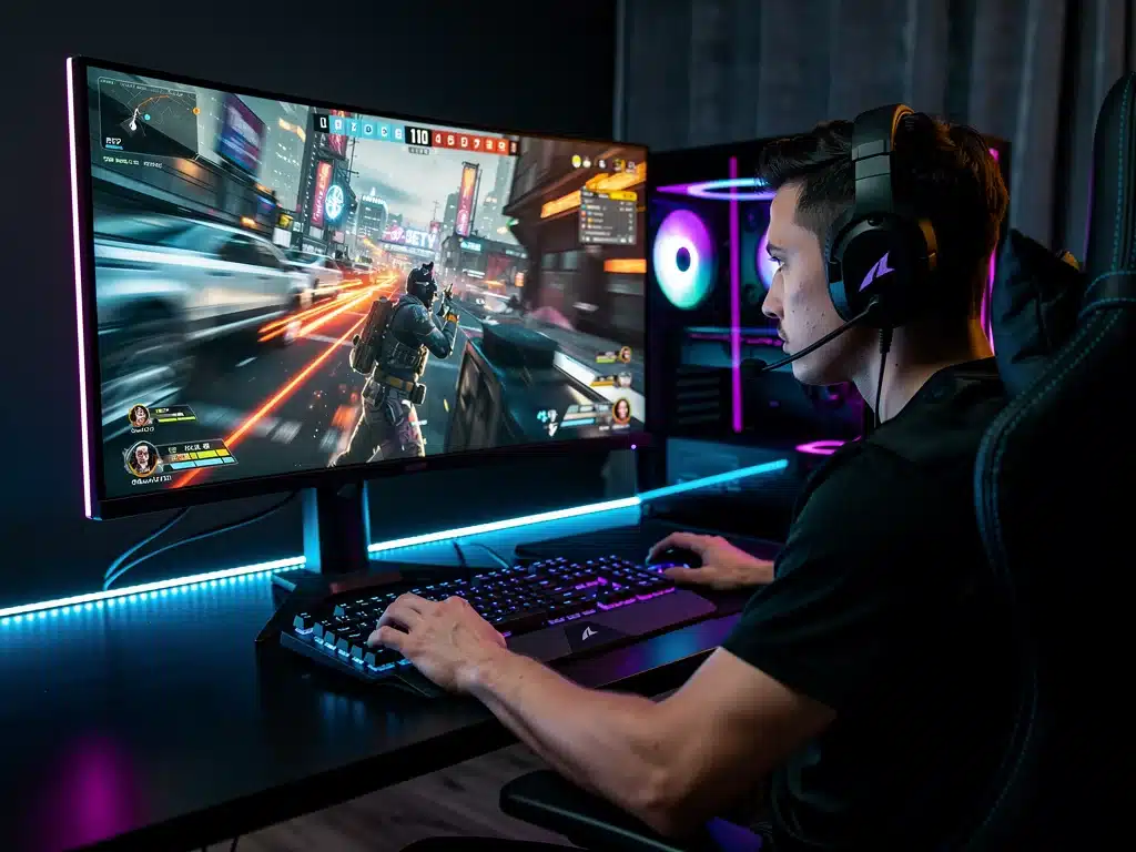 Giocatore di esports concentrato su un monitor QD-OLED, che mostra un gameplay rapido e senza sfocature.