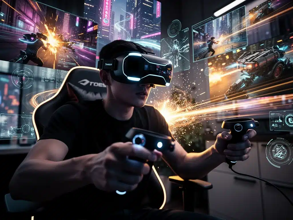 Giocatore immerso in una sessione di gaming VR con un headset e controller di movimento, che mostra l'esperienza dinamica della Realtà Virtuale Gaming 2026.
