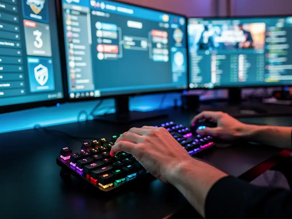 Mani di un giocatore eSports su tastiera e mouse, con interfacce di piattaforme di gioco in background.