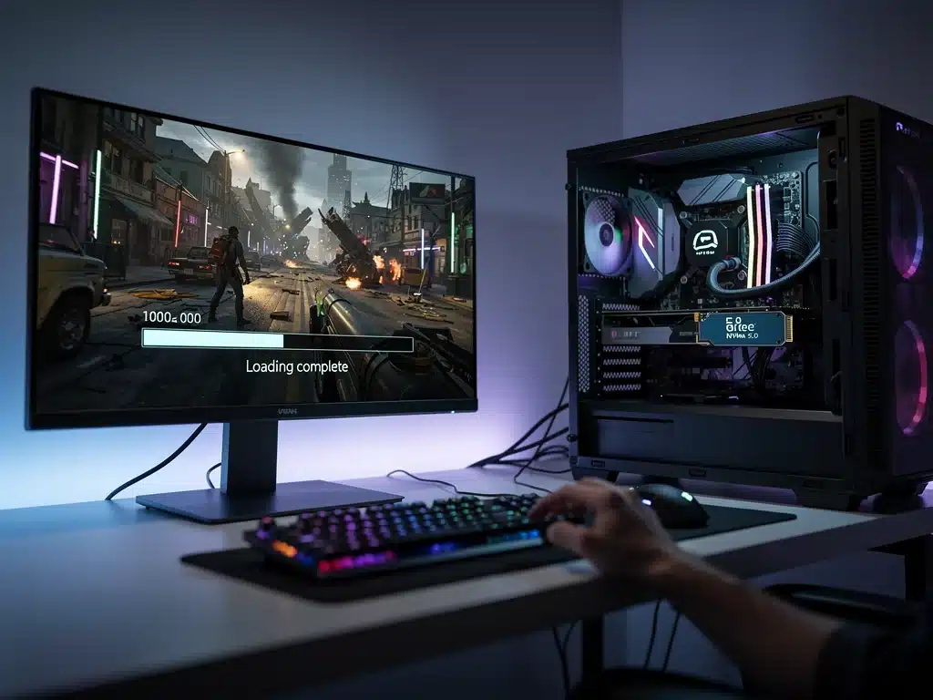 Gamer's PC setup with PCIe 5.0 NVMe SSD for fast game loading