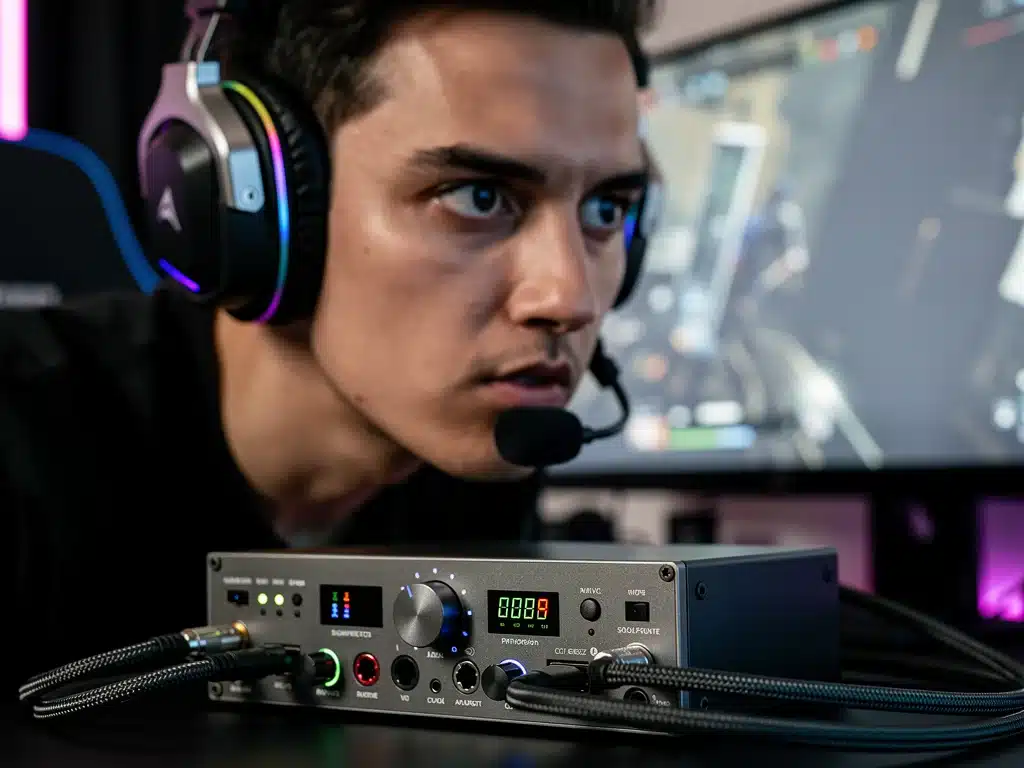 Gamer concentrato con cuffie e scheda audio esterna, immerso nel gioco competitivo.