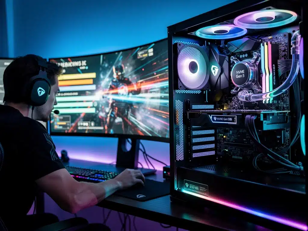 Gamer concentrato su un gioco in caricamento rapido, con un PC di fascia alta che mostra un SSD NVMe Gen 5 installato, a simboleggiare l'esperienza di gioco migliorata.