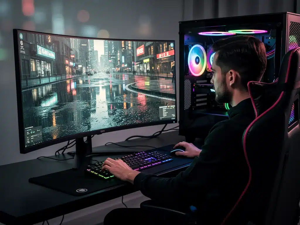 Gamer concentrato su un monitor che mostra un gioco con Ray Tracing attivo, evidenziando la fluidità e la qualità visiva.