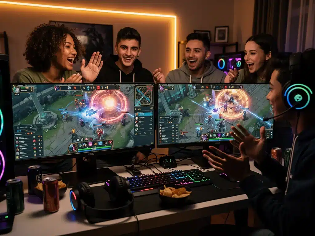 Gruppo di amici che giocano a un GDR online cooperativo su PC, evidenziando la crescita del multiplayer nel mercato italiano.