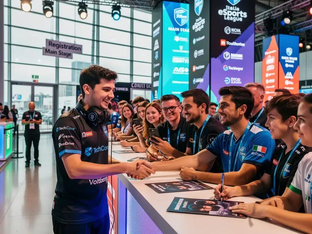 Giocatore eSports italiano interagisce con i fan, con branding di sponsor in evidenza, sottolineando l'engagement della community.