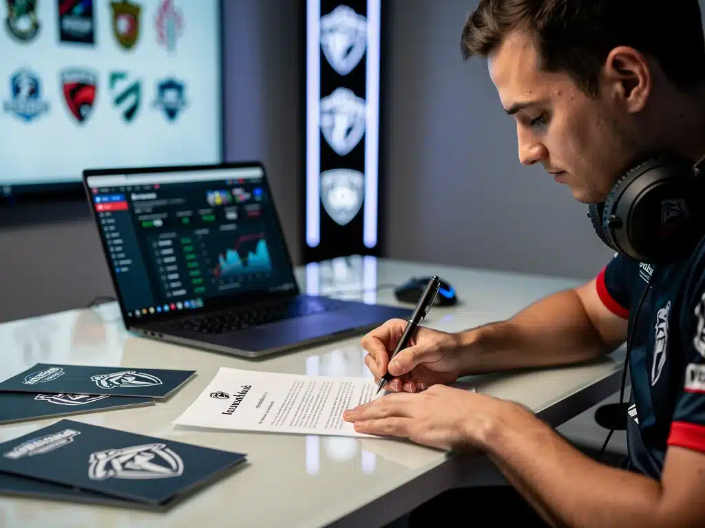 Giocatore eSports firma contratto, con loghi di squadra e dati finanziari sullo sfondo, simboleggiando le valutazioni e opportunità del Mercato Trasferimenti eSports Italia.