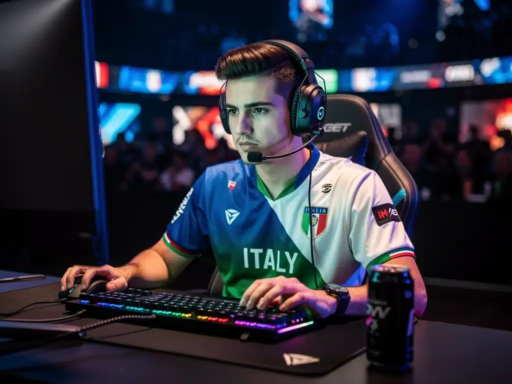 Giocatore eSports italiano concentrato durante una competizione, con periferiche da gaming avanzate