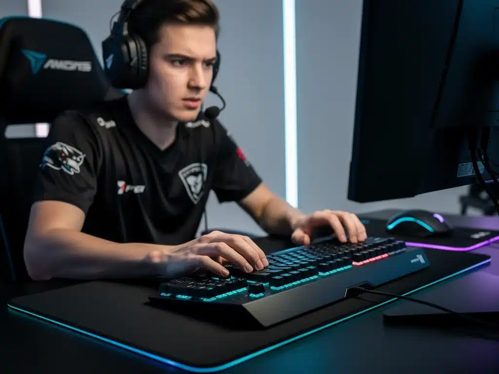 Giocatore professionista di esports che utilizza una tastiera meccanica avanzata durante una competizione.