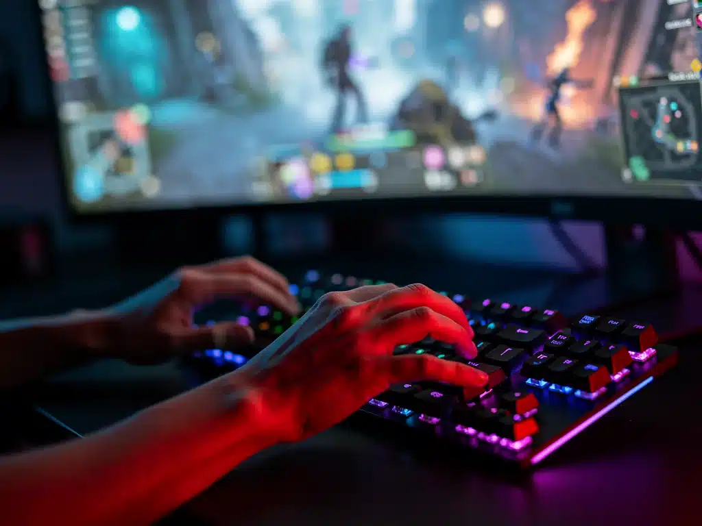 Giocatore eSports concentrato con tastiera e mouse illuminati durante una partita competitiva