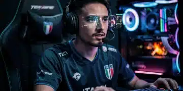 Giocatore italiano concentrato durante un torneo online di eSports nel 2026, con attrezzatura da gaming avanzata.