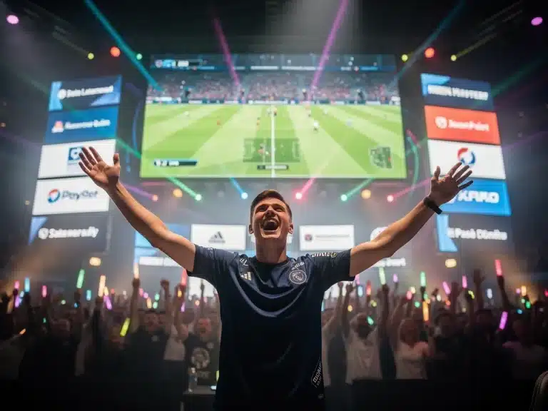 Giocatore professionista di FIFA esulta sul palco durante un torneo esports in Italia, con loghi di sponsor visibili e un pubblico entusiasta.