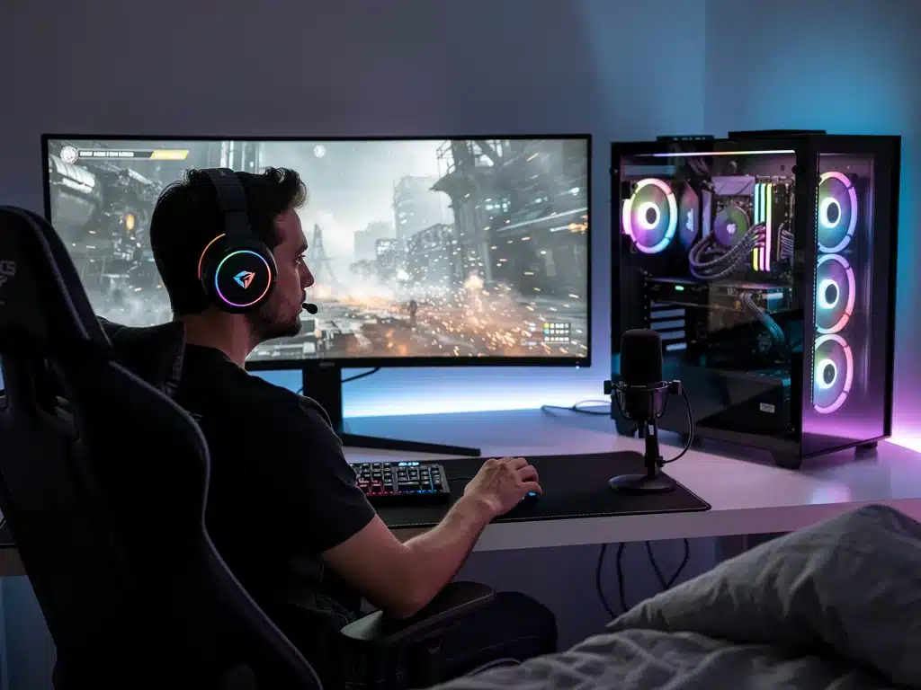 Giocatore PC immerso in un videogioco ad alta fedeltà, con setup gaming moderno.