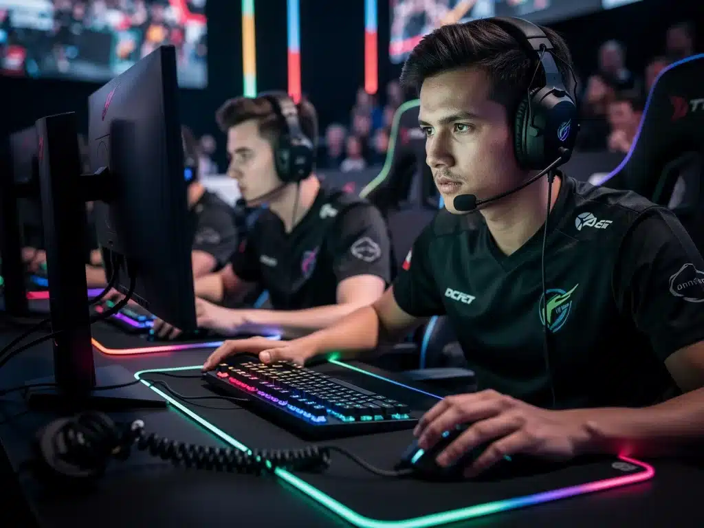 Giocatori professionisti di eSports concentrati durante una competizione, evidenziando l'intensità dei tornei moderni.