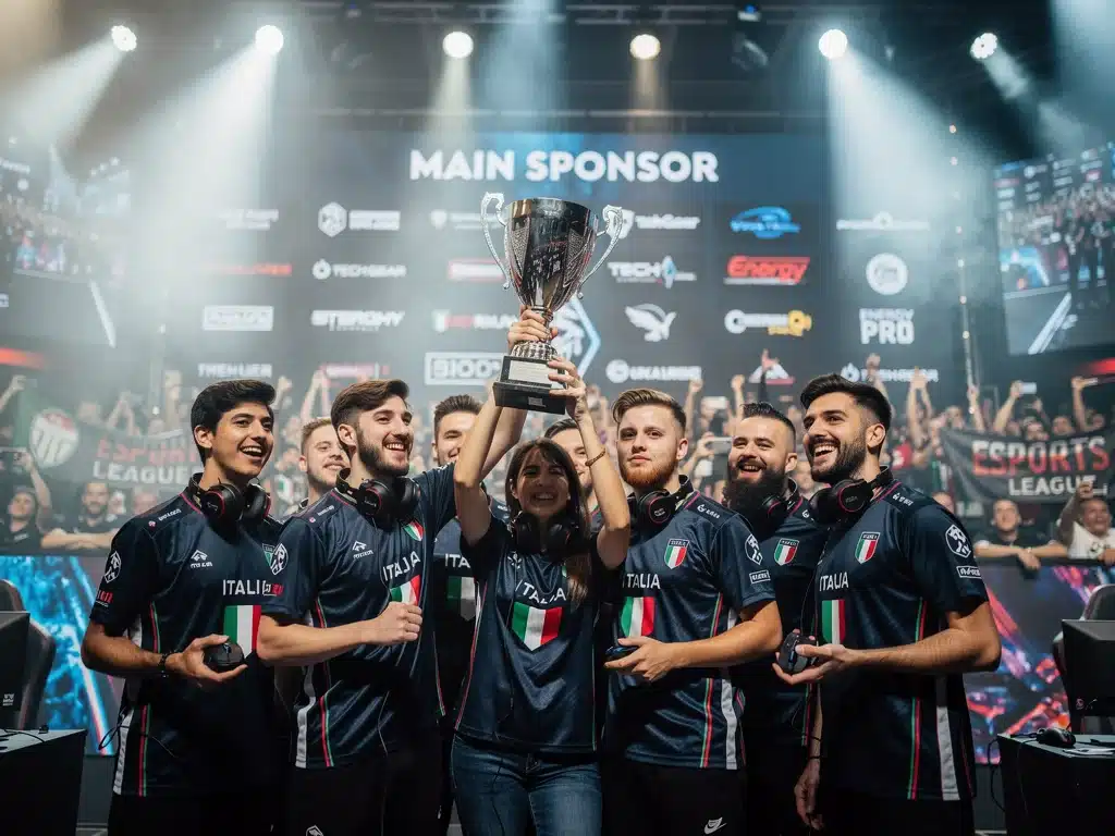 Giocatori esports italiani festeggiano una vittoria sul palco, simbolo del successo nel gaming competitivo.