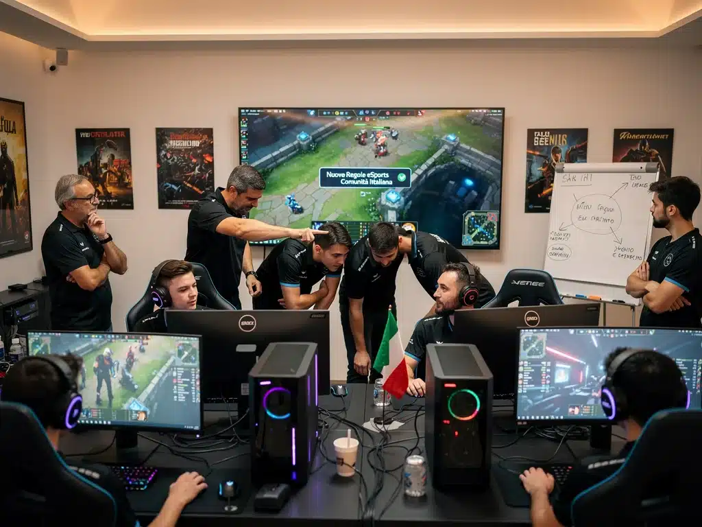 Giocatori eSports italiani che discutono strategie, simbolo dell'impatto delle nuove regolamentazioni.