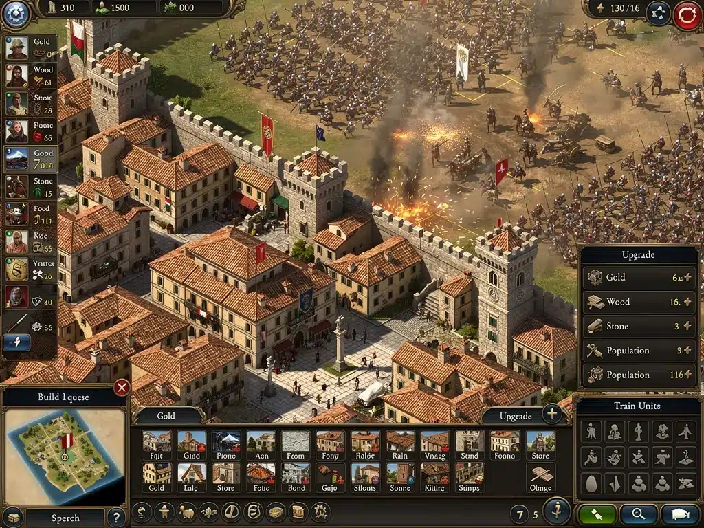 Screenshot di un gioco di strategia italiano in sviluppo, che mostra un'interfaccia complessa di costruzione di città o una battaglia su larga scala.