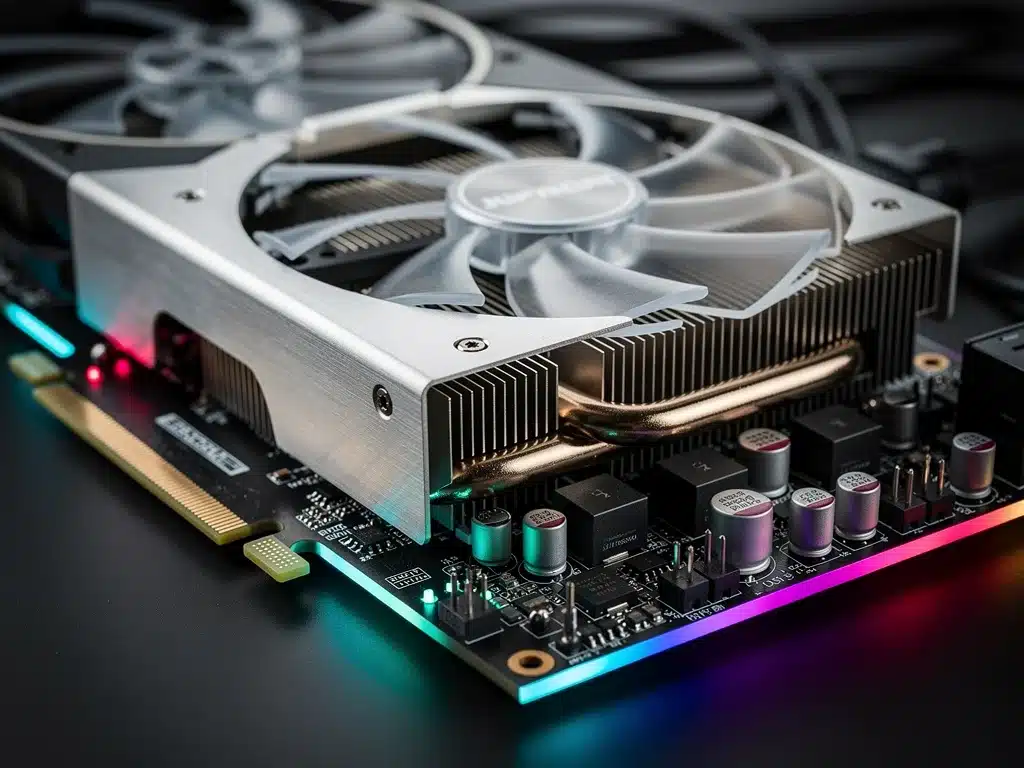 Dettaglio ravvicinato di una GPU di prossima generazione con sistema di raffreddamento avanzato e illuminazione RGB.