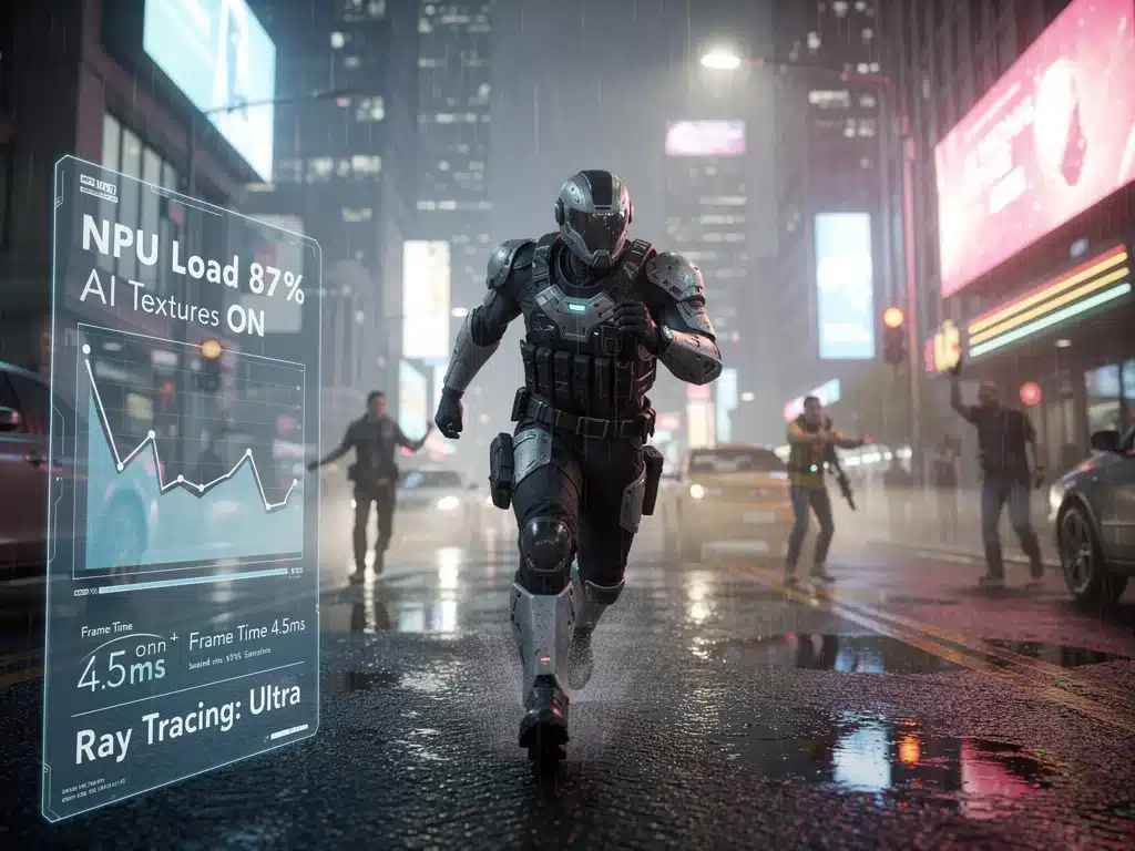 Scena di gioco ultra-realistica con grafica potenziata dall'IA, che mostra texture e illuminazione avanzate grazie alle NPU.