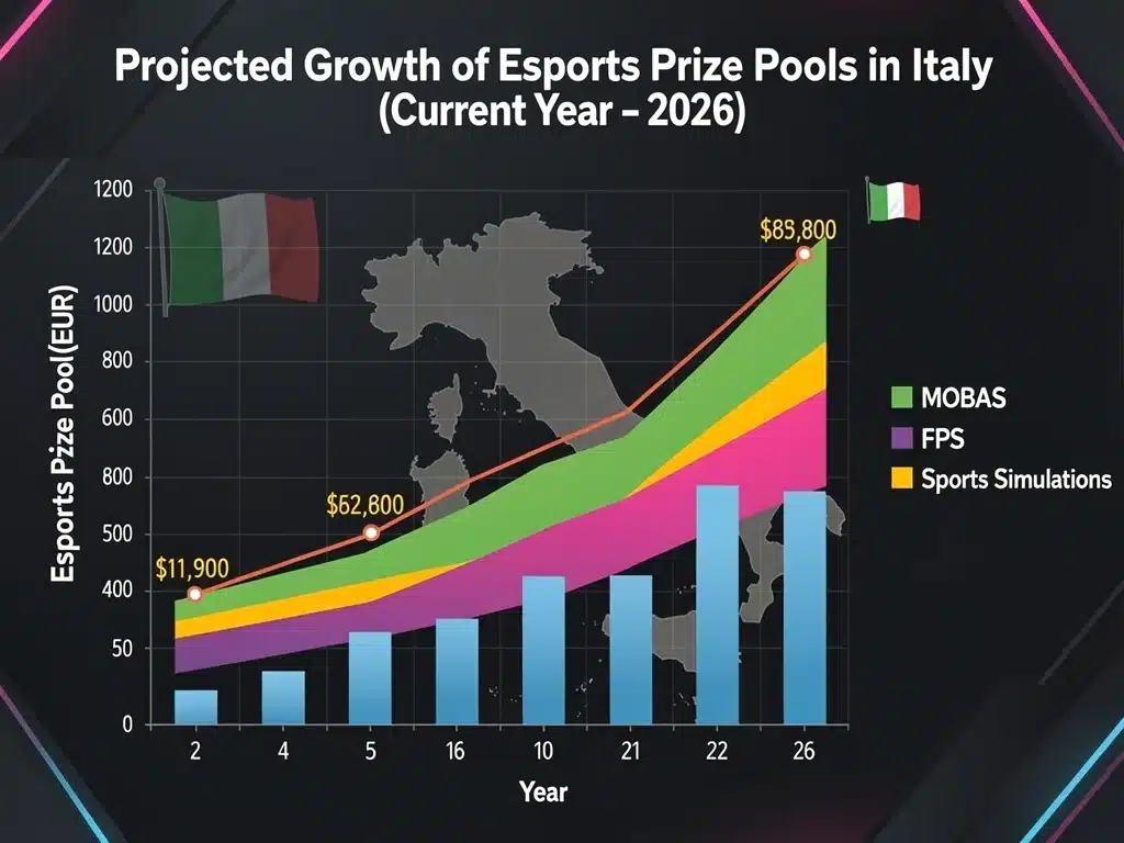 Grafico della crescita dei montepremi esports in Italia fino al 2026, con suddivisione per genere di gioco.