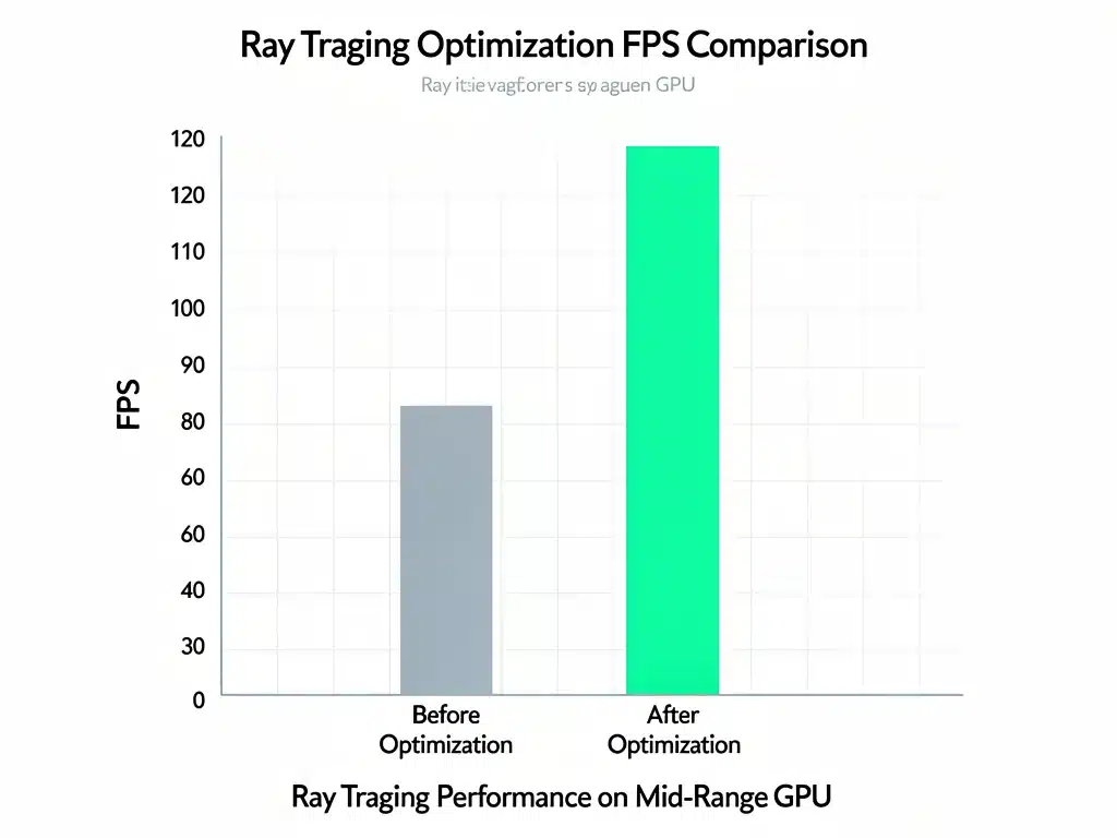 Grafico comparativo FPS prima e dopo l'ottimizzazione del Ray Tracing su una GPU di fascia media, mostrando un aumento delle prestazioni.