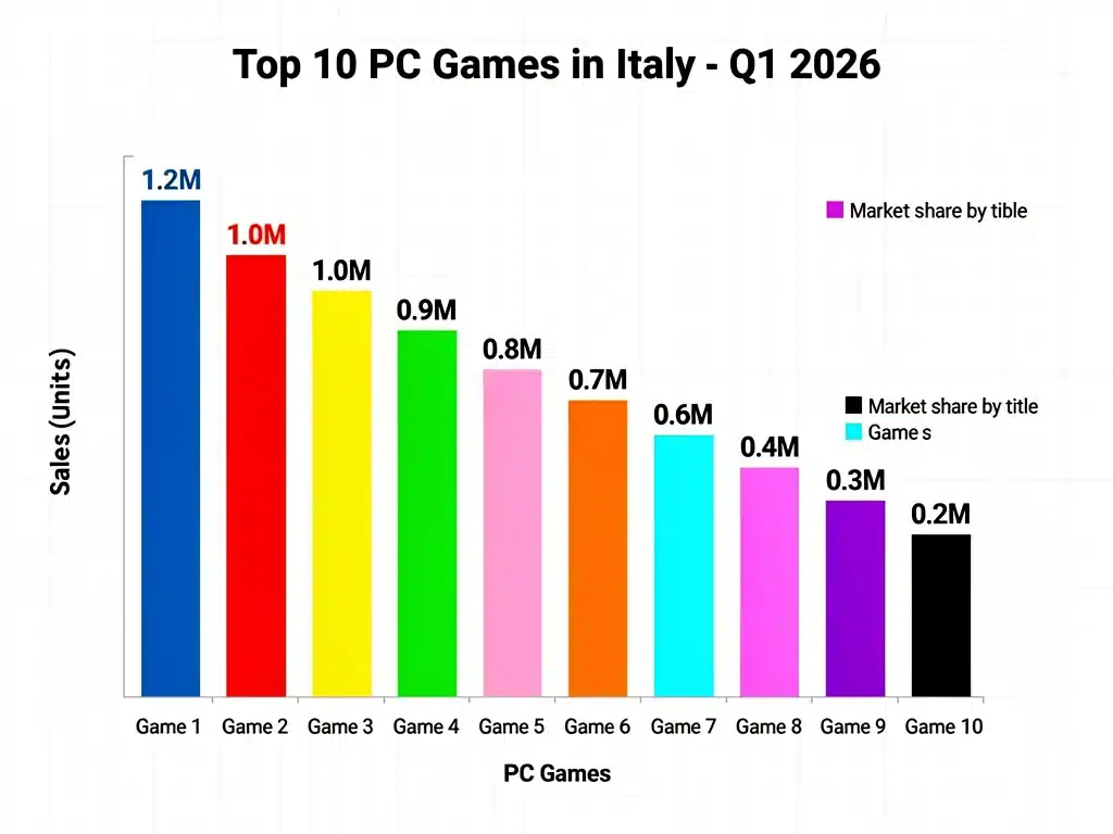 Grafico a barre delle vendite dei 10 giochi PC più popolari in Italia, primo trimestre 2026.