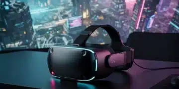 Headset VR futuristico su una scrivania da gaming, con grafica di un mondo virtuale immersivo sullo sfondo, simbolo della Realtà Virtuale Gaming 2026.