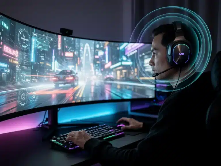 Gamer experiencing immersive 3D spatial audio in 2026