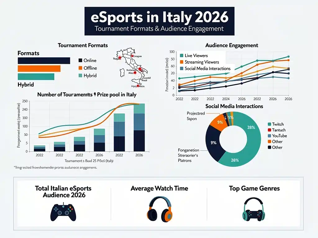 Infografica che illustra le proiezioni di crescita e le nuove tendenze nei formati dei tornei eSports italiani per il 2026.