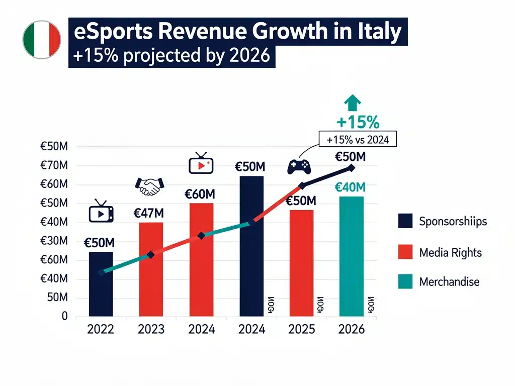 Infografica sulla crescita dei ricavi eSports in Italia, con proiezione del 15% entro il 2026, dettagliando le fonti di guadagno.