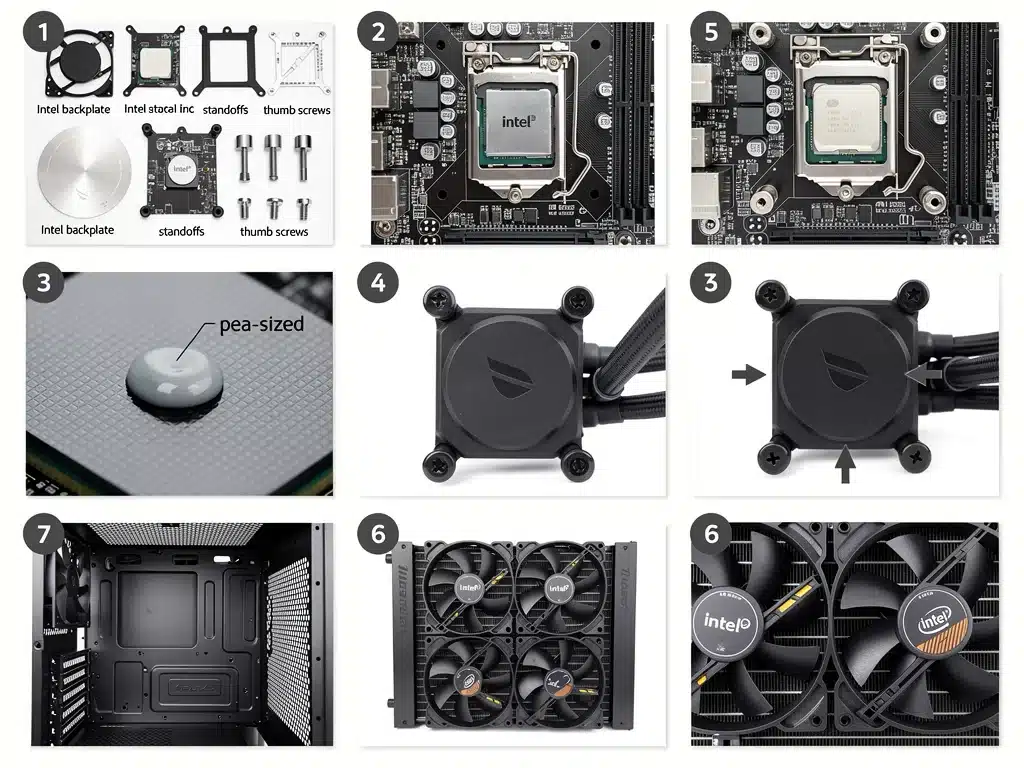 Diagramma dettagliato dell'installazione di un dissipatore a liquido AIO su una scheda madre Intel, inclusi pasta termica e montaggio della pompa.