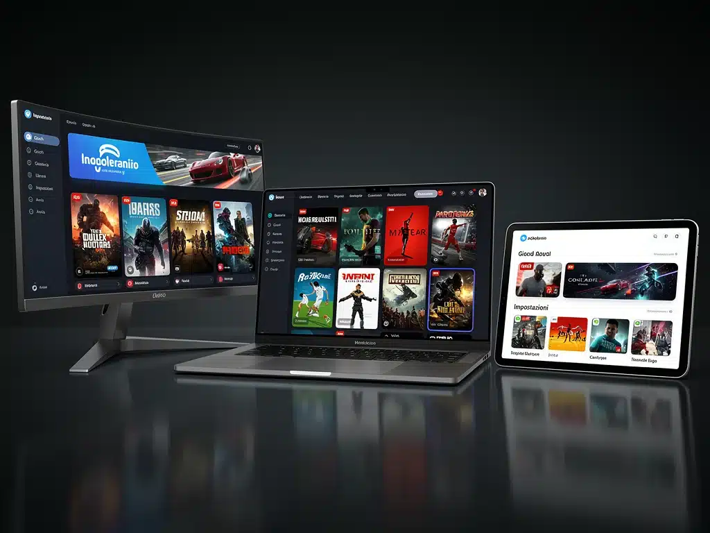 Interfacce utente di tre piattaforme cloud gaming su schermi diversi, con librerie di giochi varie.