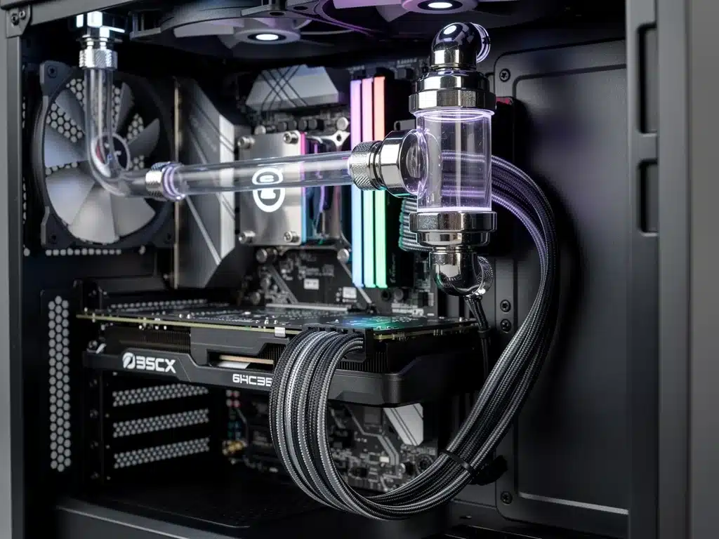 Interno di un case PC gaming con sistema di raffreddamento a liquido e gestione cavi impeccabile.