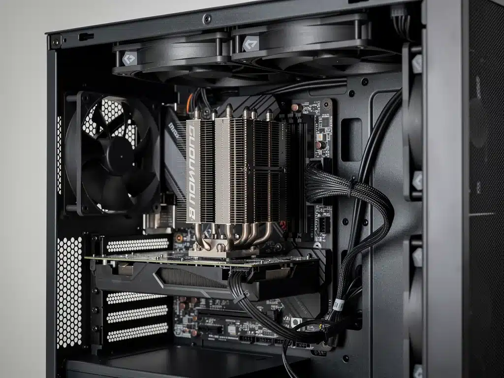 Interno di un case PC con ventole di scarico posteriori e superiori, dissipatore CPU e gestione cavi ottimizzata per il flusso d'aria.