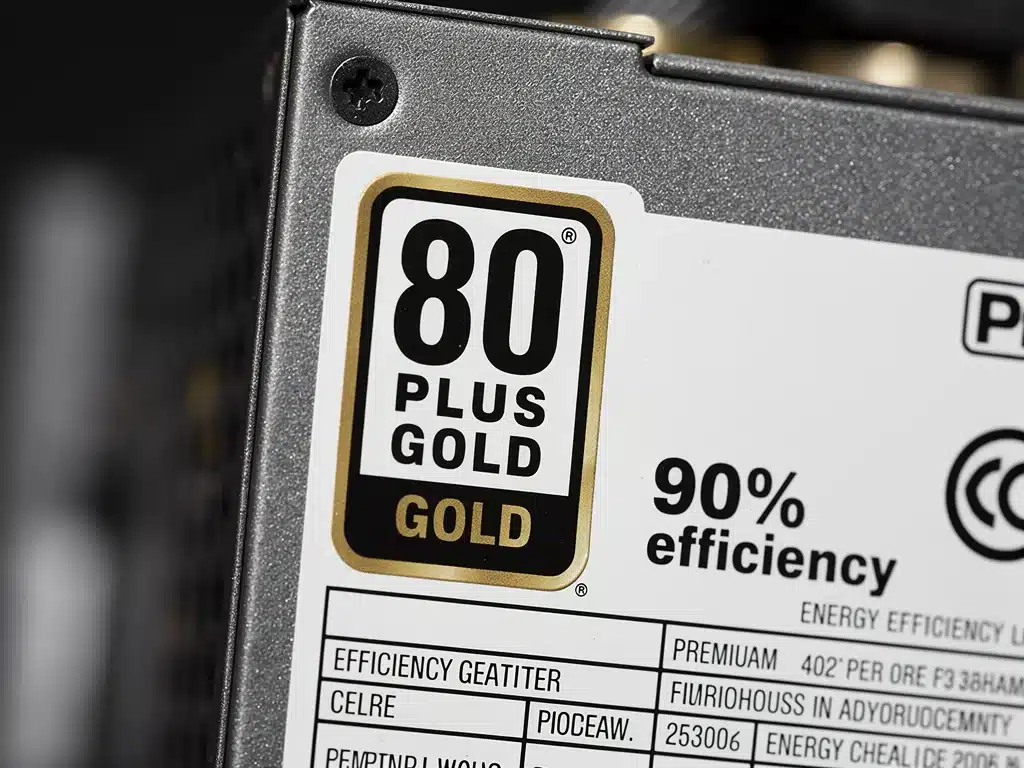 Logo di certificazione 80 Plus Gold su un alimentatore, simbolo di alta efficienza energetica.