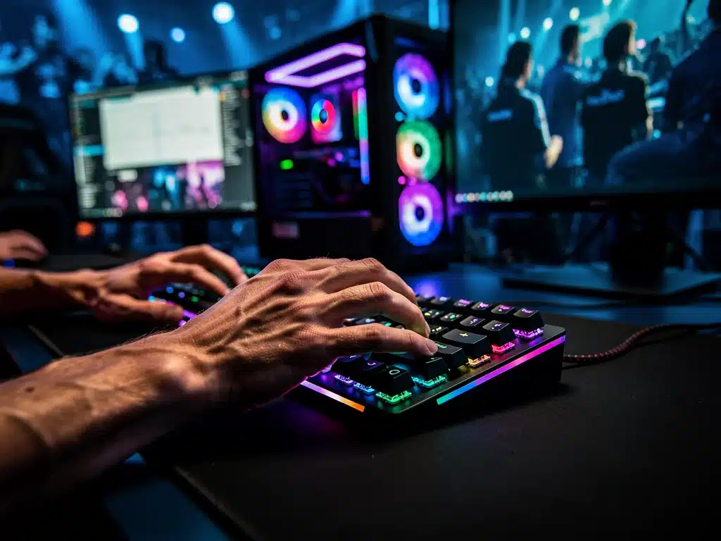 Mani di un giocatore eSports su tastiera e mouse da gaming, con luci RGB e sfondo sfocato di una postazione competitiva.